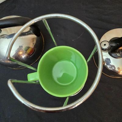 Let's have some fall tea! Two reverwear tea kettles with sets of mugs and some Carmel apple tea to share