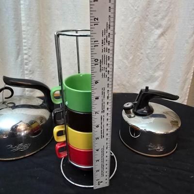 Let's have some fall tea! Two reverwear tea kettles with sets of mugs and some Carmel apple tea to share