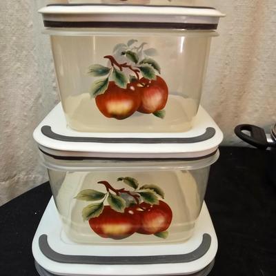 Plastic food storage containers with a Rapid Mac cooker - Nostalgia mini 7 egg cooker - a tiered serving tray and a new knife