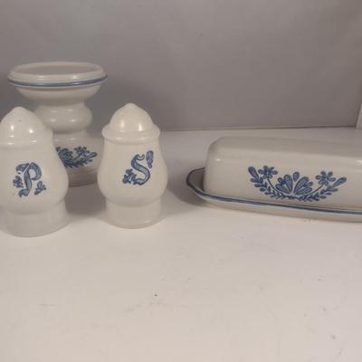 Pfaltzgraff Yorktowne Pottery Table Ware- Salt and Pepper Shakers, Covered Butter Dish, Pedestal Candle Holder