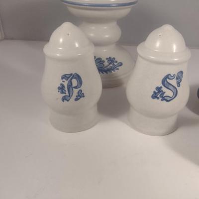 Pfaltzgraff Yorktowne Pottery Table Ware- Salt and Pepper Shakers, Covered Butter Dish, Pedestal Candle Holder