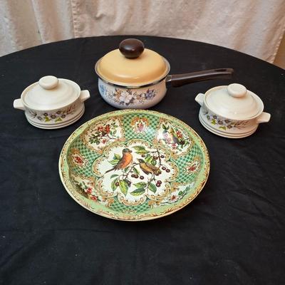 Soup pot with two covered soup bowls and a beautiful metal bread pan