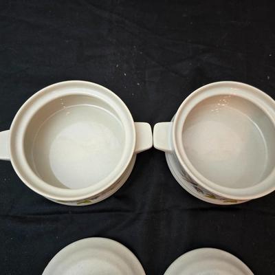 Soup pot with two covered soup bowls and a beautiful metal bread pan