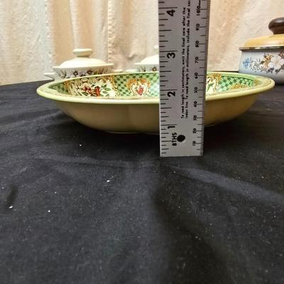 Soup pot with two covered soup bowls and a beautiful metal bread pan