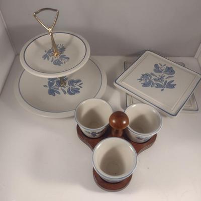 Pfaltzgraff Yorktowne Pottery Table Ware- Trivets, Condiment Caddy, Two Tier Tidbit Tray