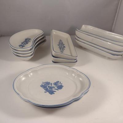 Pfaltzgraff Yorktowne Pottery Small Dish Collection- Relish, Crescent Shaped Salad, Corn Holders, Oval Scalloped Plates