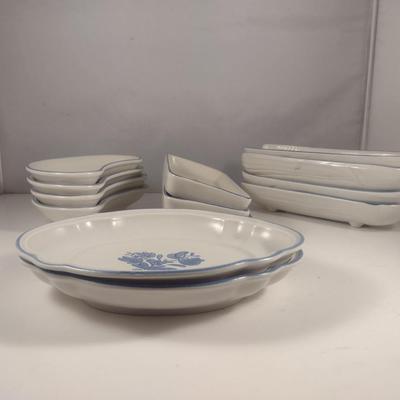 Pfaltzgraff Yorktowne Pottery Small Dish Collection- Relish, Crescent Shaped Salad, Corn Holders, Oval Scalloped Plates