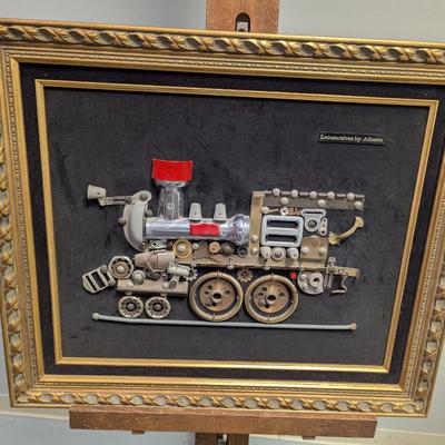 Folk Art Framed Train Locomotive Created with Trinket Box Notions by Alberto