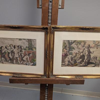 Pair of Vintage Framed Art Putti Cherub Prints