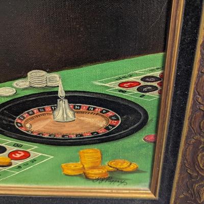 Framed Original Art on Canvas Roulette Gambling Table Signed by Artist