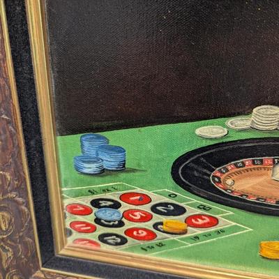 Framed Original Art on Canvas Roulette Gambling Table Signed by Artist