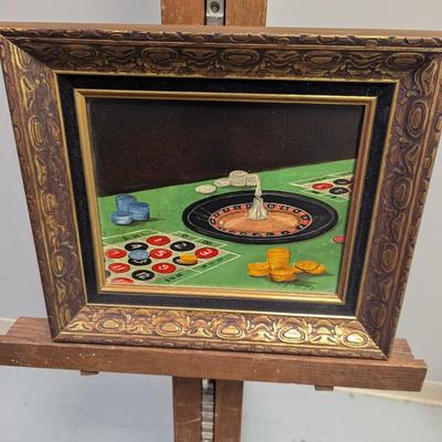 Framed Original Art on Canvas Roulette Gambling Table Signed by Artist
