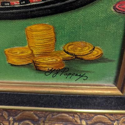 Framed Original Art on Canvas Roulette Gambling Table Signed by Artist