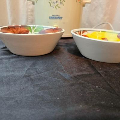 Crockpot with Campbells soup bowl, Ziggy soup bowl, and two hand painted bowls and a Campbells cookbook