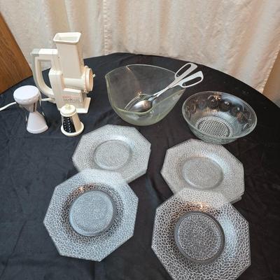 Electric Salad shooter with glass crackle glass salad plates, two small salad bowls and a set of tongs