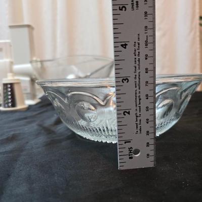 Electric Salad shooter with glass crackle glass salad plates, two small salad bowls and a set of tongs