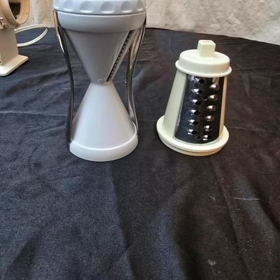 Electric Salad shooter with glass crackle glass salad plates, two small salad bowls and a set of tongs