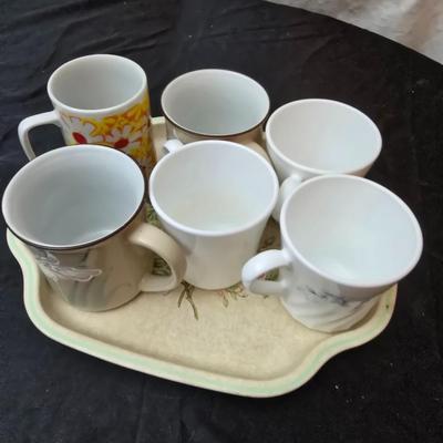 Small Mini drip coffee pot, six coffee mugs and a rose painted England made metal tray