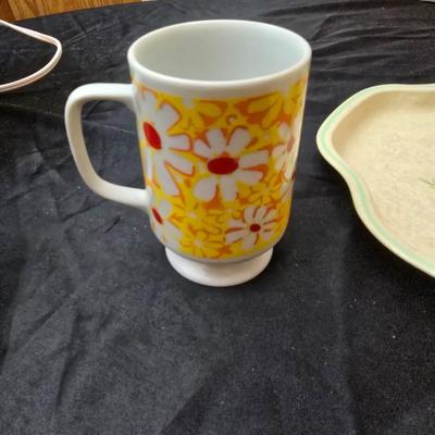 Small Mini drip coffee pot, six coffee mugs and a rose painted England made metal tray