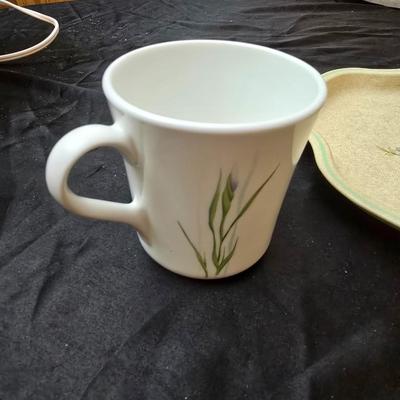 Small Mini drip coffee pot, six coffee mugs and a rose painted England made metal tray