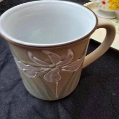 Small Mini drip coffee pot, six coffee mugs and a rose painted England made metal tray