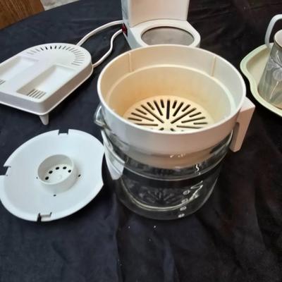 Small Mini drip coffee pot, six coffee mugs and a rose painted England made metal tray