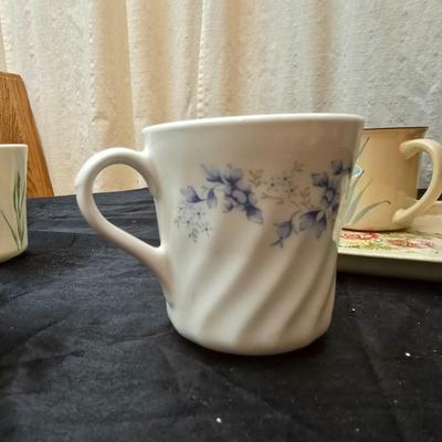 Small Mini drip coffee pot, six coffee mugs and a rose painted England made metal tray
