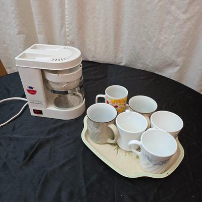 Small Mini drip coffee pot, six coffee mugs and a rose painted England made metal tray