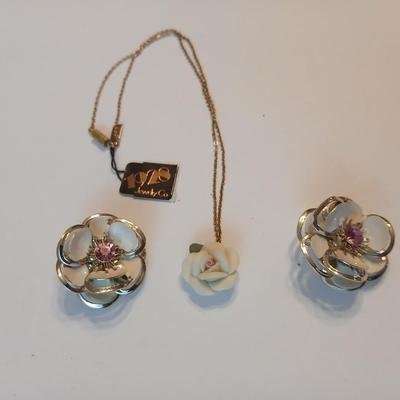 1928 Rose necklace with a pair of vintage clip-on earrings