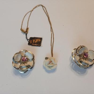1928 Rose necklace with a pair of vintage clip-on earrings