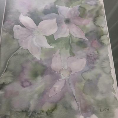 Framed watercolor wall art - stained glass columbine - blown glass columbine and a beautiful swirl vase