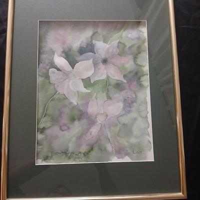 Framed watercolor wall art - stained glass columbine - blown glass columbine and a beautiful swirl vase