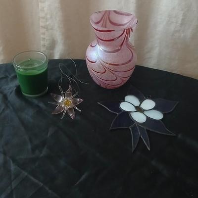 Framed watercolor wall art - stained glass columbine - blown glass columbine and a beautiful swirl vase