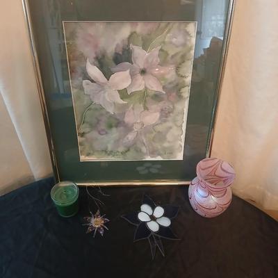 Framed watercolor wall art - stained glass columbine - blown glass columbine and a beautiful swirl vase