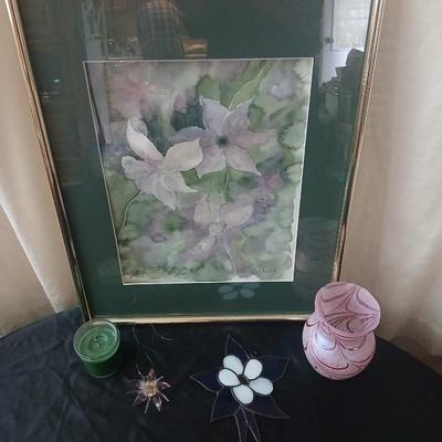 Framed watercolor wall art - stained glass columbine - blown glass columbine and a beautiful swirl vase