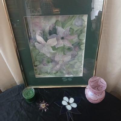 Framed watercolor wall art - stained glass columbine - blown glass columbine and a beautiful swirl vase