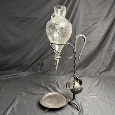 Vintage Etched Glass Wine Decanters With Wrought Iron Stands (GB-MG)