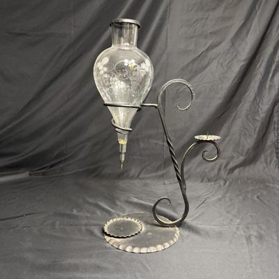 Vintage Etched Glass Wine Decanters With Wrought Iron Stands (GB-MG)