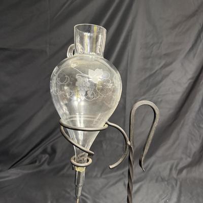 Vintage Etched Glass Wine Decanters With Wrought Iron Stands (GB-MG)