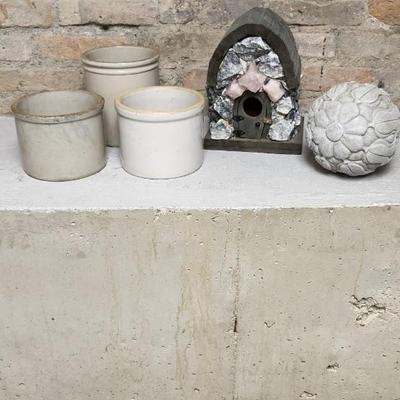 Sale Photo Thumbnail #178: 3 cracked small unmarked crocks...great for plants. A sweet garden ball and an awesome rock fairy house
