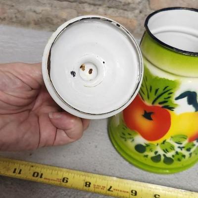 Sale Photo Thumbnail #192: These fantastic enamelware pieces have bright colorful transfers on them. A bit chippy but great for decorating.