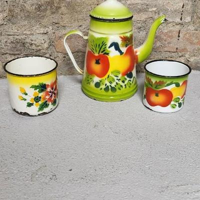 Sale Photo Thumbnail #186: These fantastic enamelware pieces have bright colorful transfers on them. A bit chippy but great for decorating.