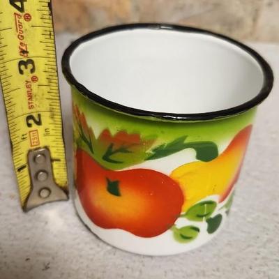 Sale Photo Thumbnail #196: These fantastic enamelware pieces have bright colorful transfers on them. A bit chippy but great for decorating.