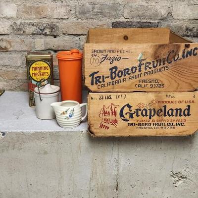 Sale Photo Thumbnail #214: These vintage grape boxes are so cool! Orange Tupperware, repro tin, cracked creamer and a small lidded crock