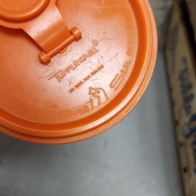Sale Photo Thumbnail #220: These vintage grape boxes are so cool! Orange Tupperware, repro tin, cracked creamer and a small lidded crock