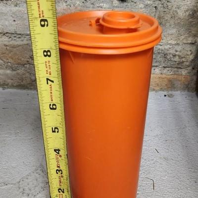 Sale Photo Thumbnail #218: These vintage grape boxes are so cool! Orange Tupperware, repro tin, cracked creamer and a small lidded crock
