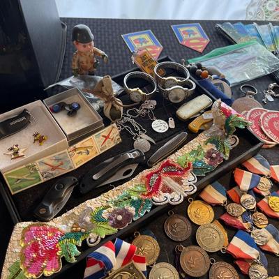 Sale Photo Thumbnail #2: Vintage Jacket& Lederhosen’s, Jewelry, Metal and more.
Light and table not included