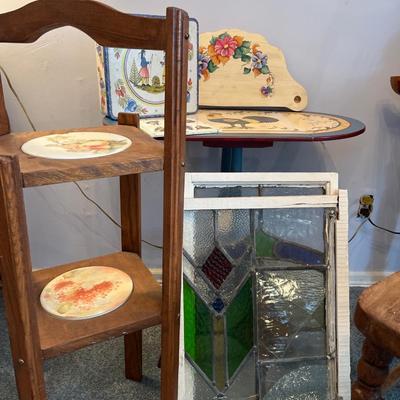 Sale Photo Thumbnail #32: Plant stand Table, Trinkets 
Stain glass it does have some out they are with windows.