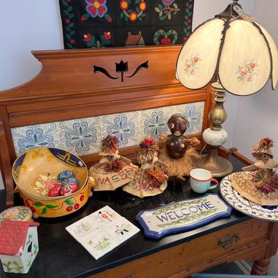 Sale Photo Thumbnail #43: Antique Table , Lamp, Tray, and more.