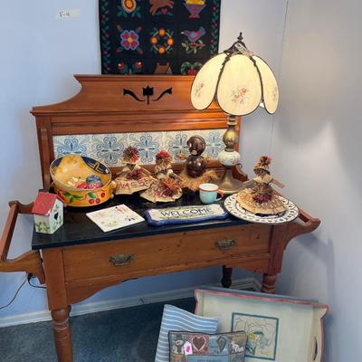 Sale Photo Thumbnail #40: Antique Table , Lamp, Tray, and more.
